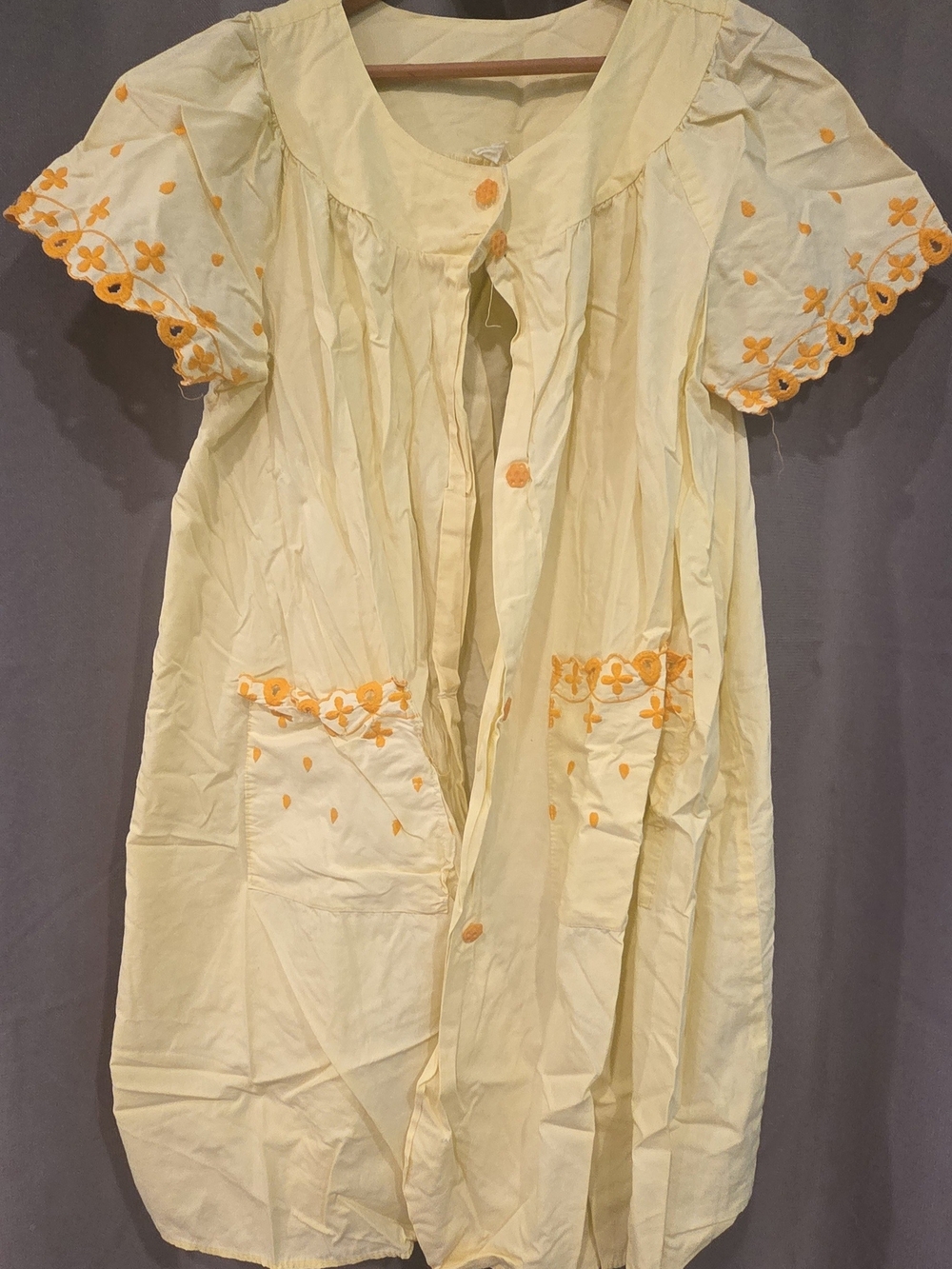 Light Yellow Embroidered Button-Front Housecoat with Orange Accents